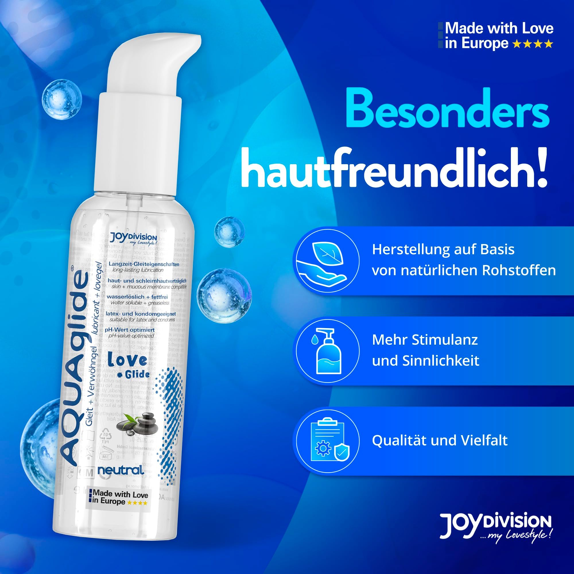 AquaGlige Neutral Gleitgel. Herstellung auf Basis natürlicher Rohstoffe. Hautfreundlich.
