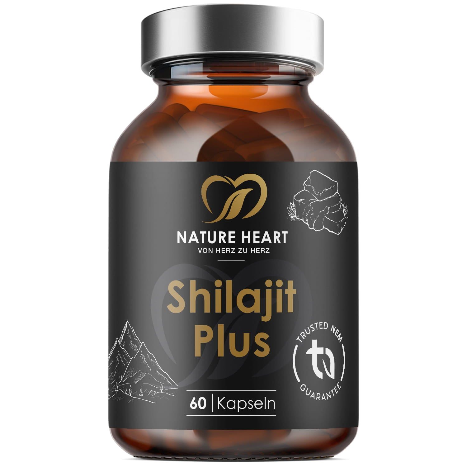 Braune Glasflasche mit schwarzen Etikett. Enthält 60 Kapseln. Aufschrift: Nature Heart Shilajit Plus. Logo und Gütesiegel.