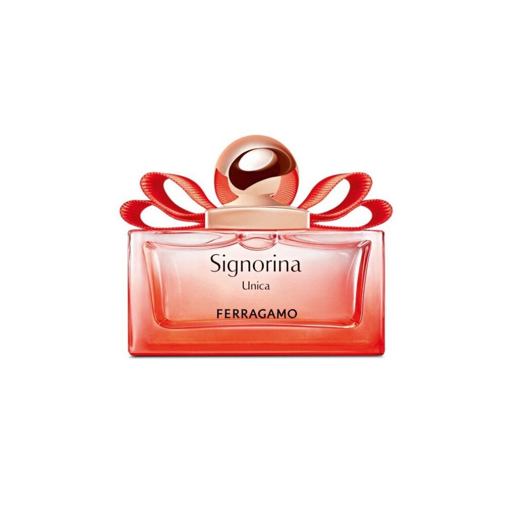 Flakon Signorina Unica von Ferragamo. Rechteckiger Flakon mit roter Schleife. Aufschrift Signorina Unica und Ferragamo.