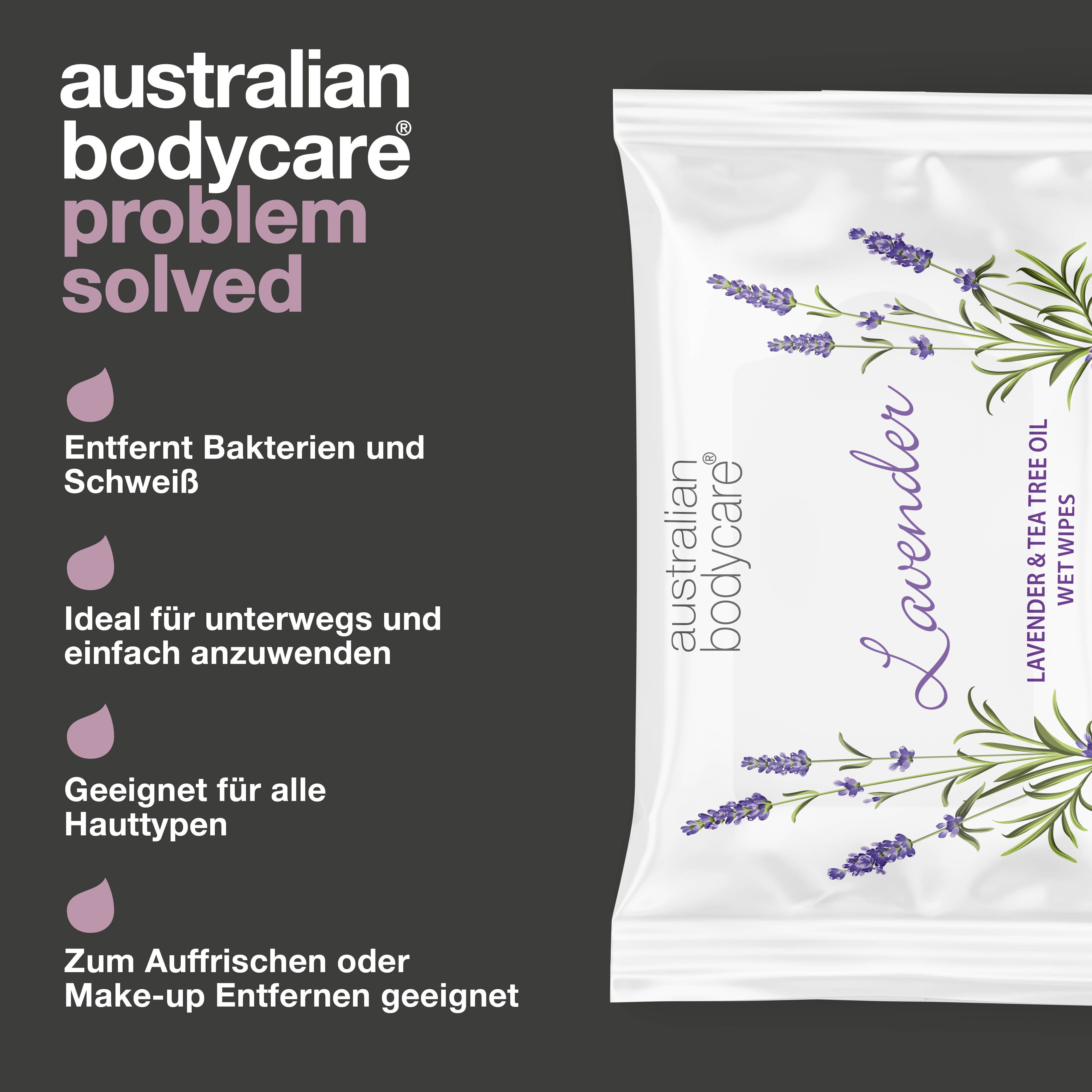 Produktverpackung mit Text: "australian bodycare", "Lavender", "Problem solved".