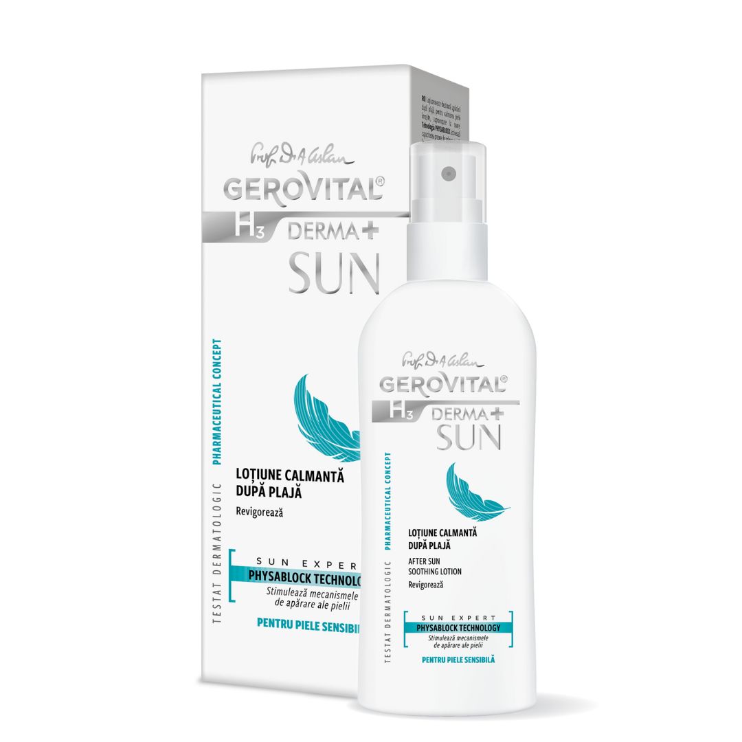 Weiße Flasche mit Sprühkopf und Karton. Aufschrift: Gerovital H3 Derma+ Sun. Text: After Sun Soothing Lotion.