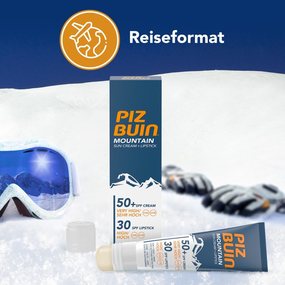 Produktpräsentation. Produktverpackung, Tube und Lippenstift auf Schnee. Text: Reiseformat.