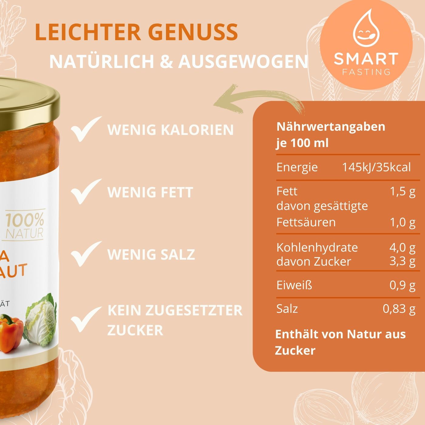 Glas mit Paprika Weißkraut Suppe. Text: Smart Fasting, wenig Kalorien, wenig Fett, wenig Salz, kein zugesetzter Zucker. Nährwertangaben pro 100ml.