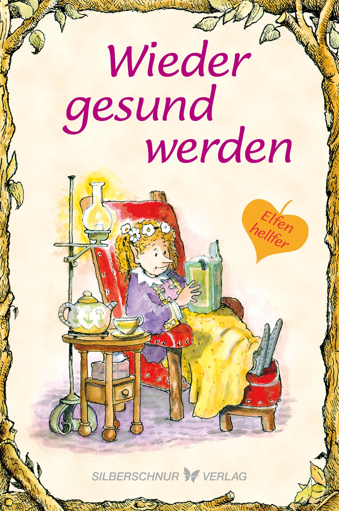 Buchcover mit Titel "Wieder gesund werden". Illustration einer Figur in einem Sessel, umgeben von medizinischen Utensilien. Verlag: Silberschnur.