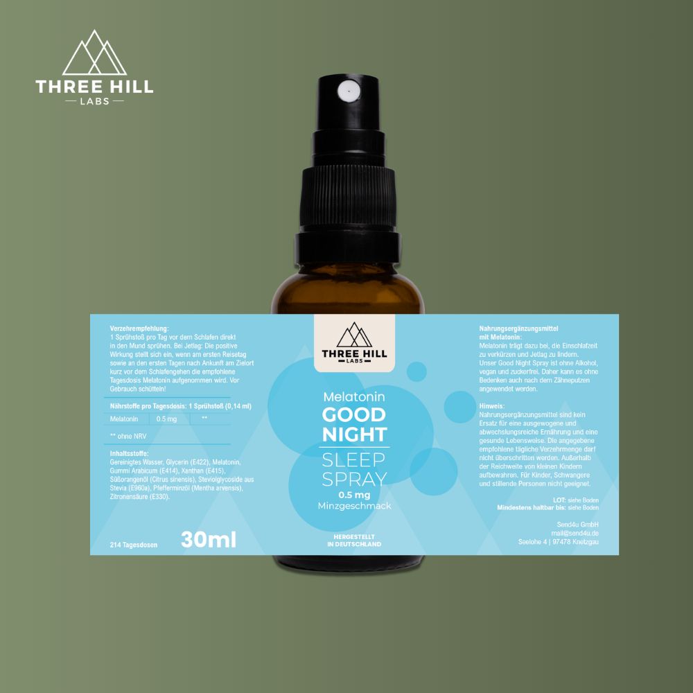Braune Sprühflasche mit Etikett. Aufschrift: Good Night Sleep Spray 0,5 mg. Hersteller: Three Hill Labs.
