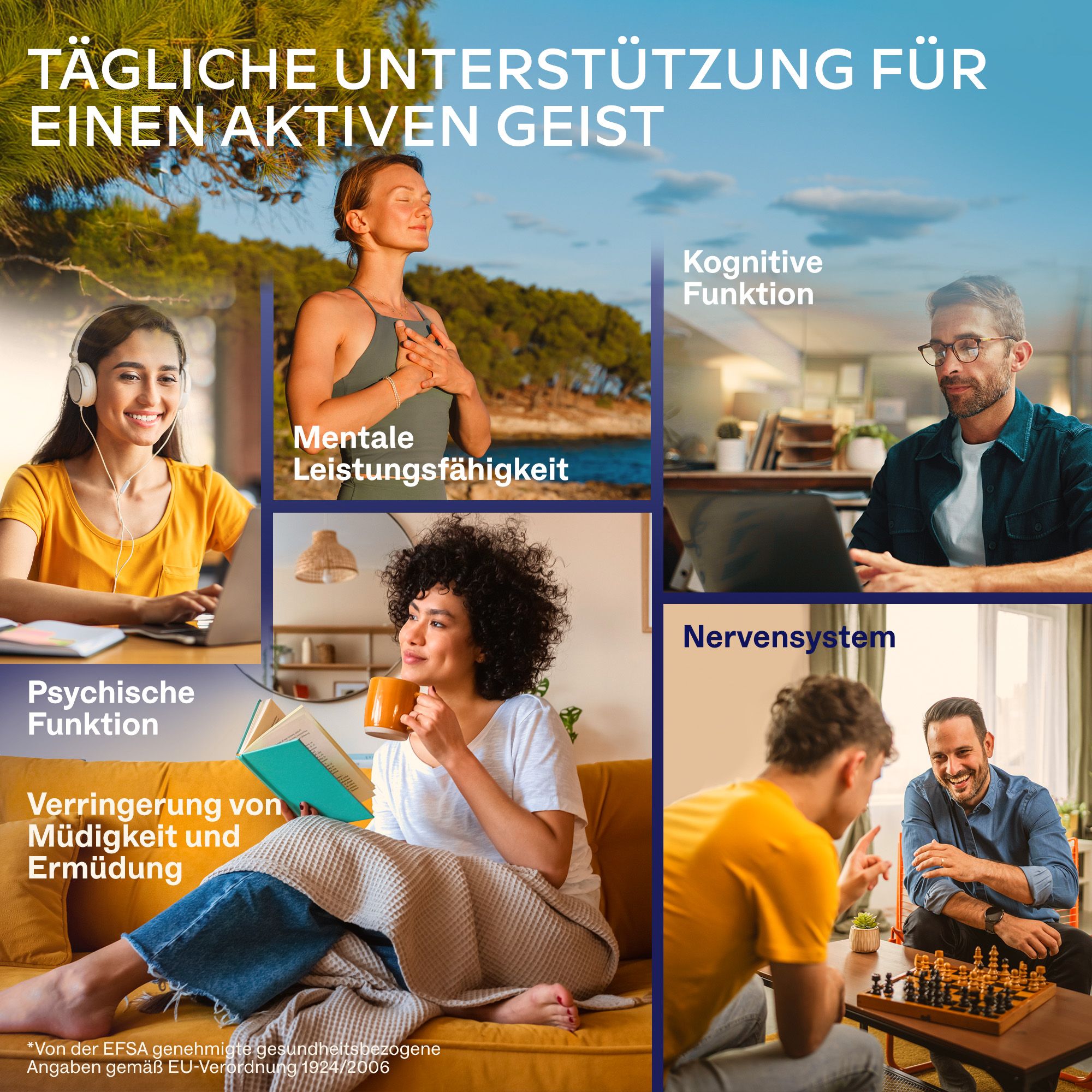Frau mit Kopfhörern am Laptop, Frau meditiert am Meer, Mann am Schreibtisch, Frau liest und trinkt Tee, Männer spielen Schach.