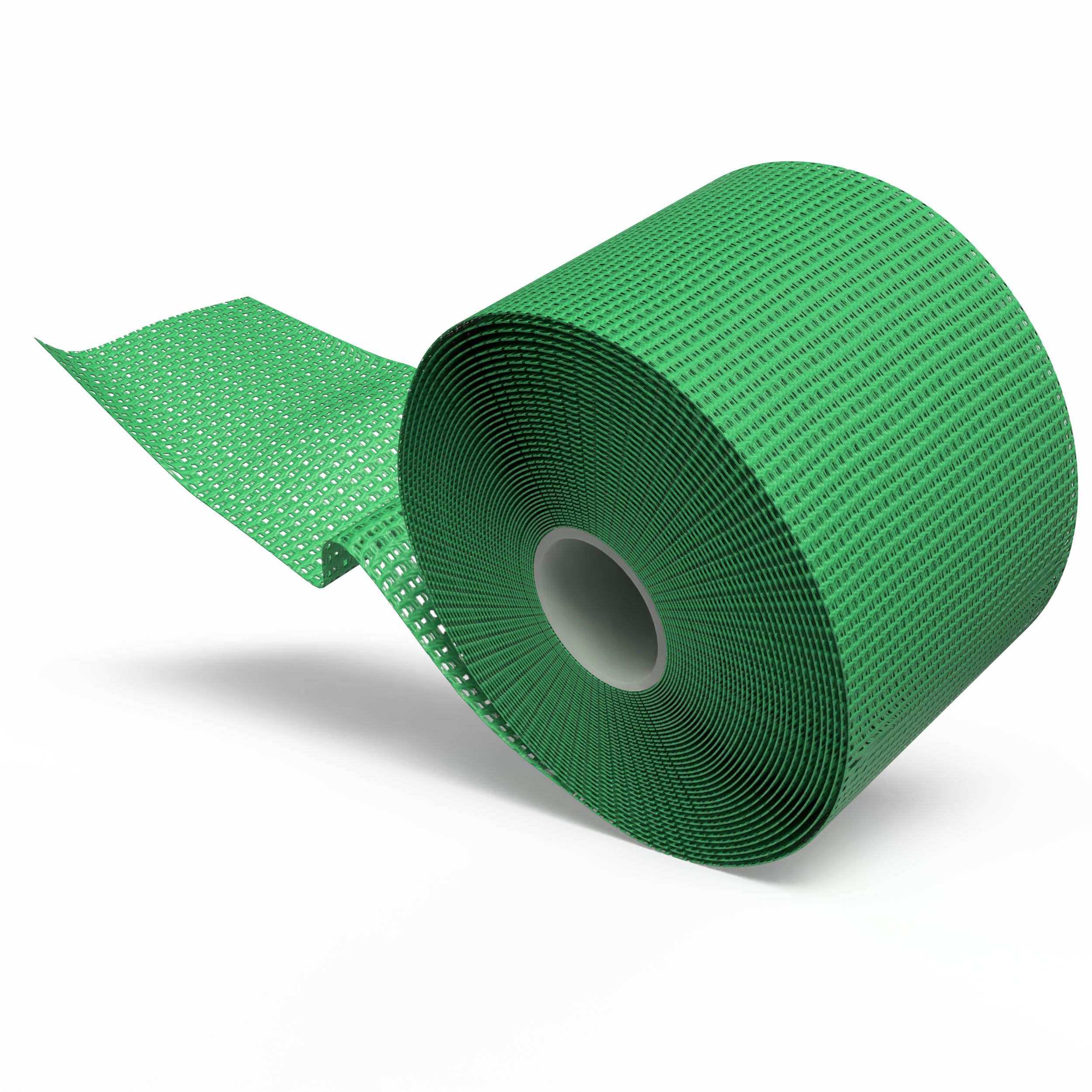 Grüne, selbsthaftende Bandage, aufgerollt. Gewebte Struktur mit kleinen Löchern. Ein Ende der Bandage ist abgerollt.