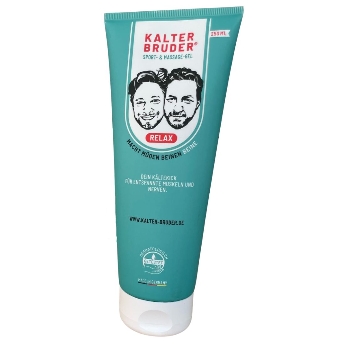 Kalter Bruder Kühlgel-Tube. Türkis-weißes Design. Zwei Gesichter. Text: Relax, Sport & Massage-Gel. Dermatologisch getestet.