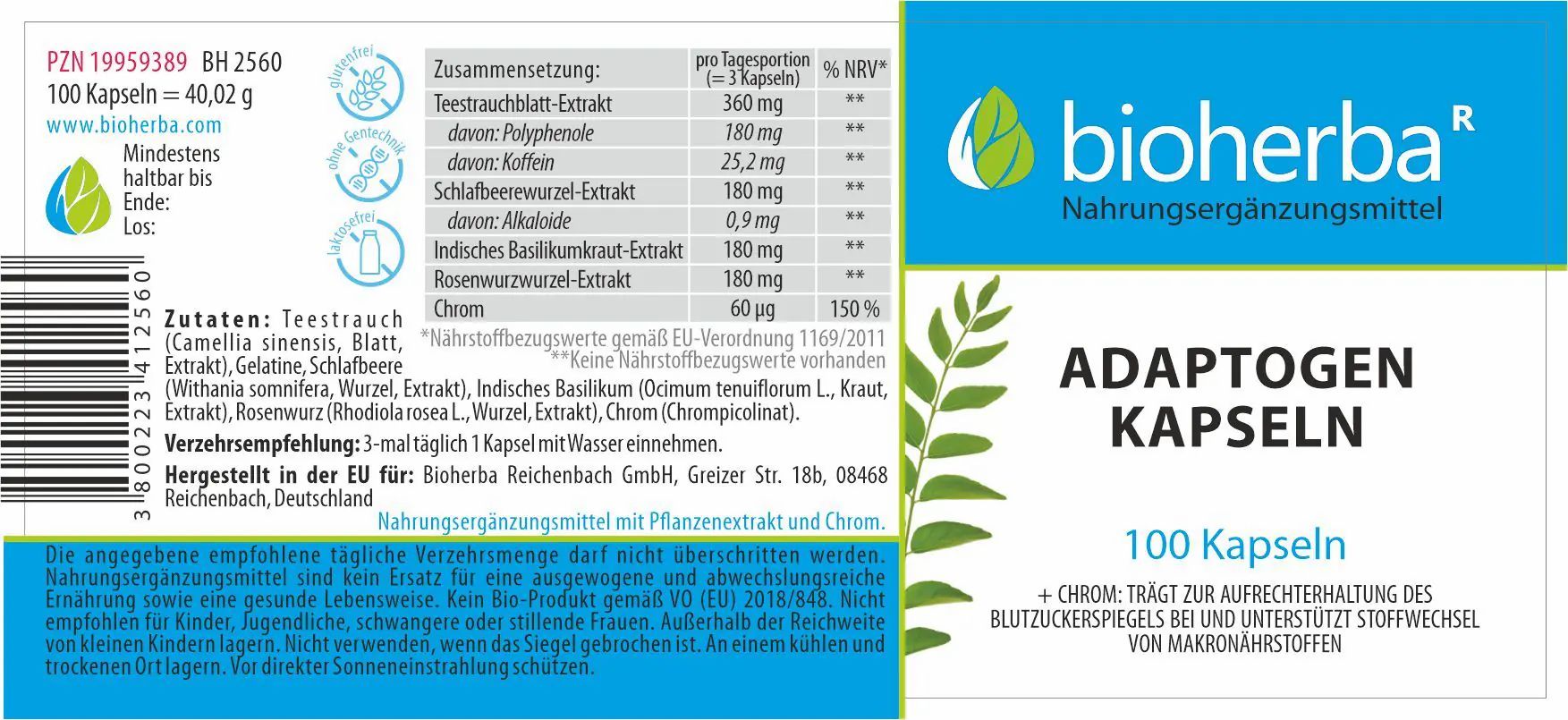 Etikett einer Dose mit Produktinformationen. Aufschrift: Bioherba, Adaptogen Kapseln, 100 Kapseln. Enthält Inhaltsstoffe und Nährwertangaben.