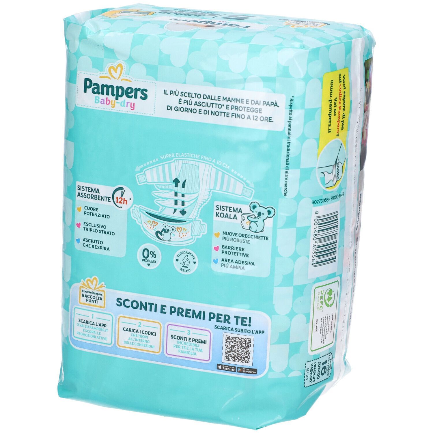 Confezione di pannolini Pampers Baby Dry. Design turchese e bianco. Stampe: bambino, caratteristiche del prodotto, loghi. Taglia 5 Junior, 11-25kg.