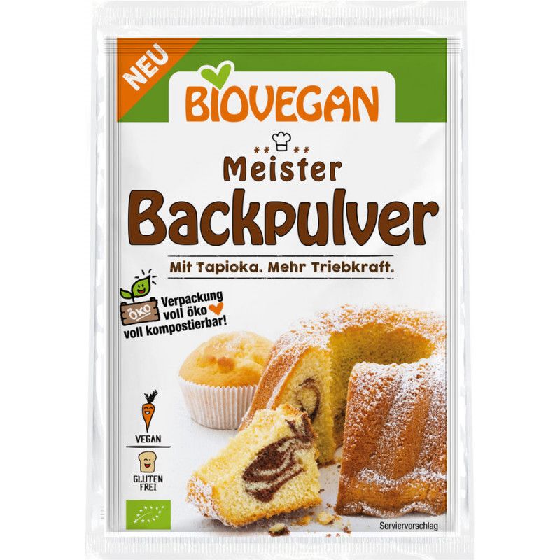 Backpulver-Verpackung mit Aufdrucken. Logo BIOVEGAN, Schriftzug Meister Backpulver. Vegan, glutenfrei, kompostierbar. Kuchenabbildung.