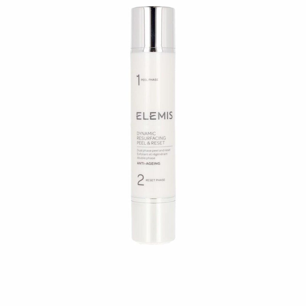 Weißer Flakon mit silbernem Deckel. Text: ELEMIS, DYNAMIC RESURFACING PEEL & RESET. Zwei Phasen, Anti-Aging.