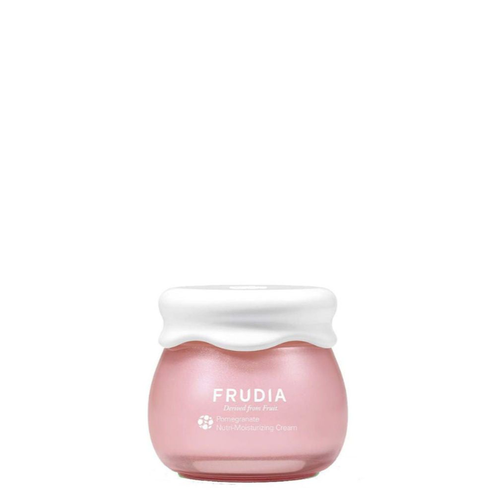Rosa Creme-Dose mit weißem Deckel. Aufschrift FRUDIA. Produktname und Logo sichtbar. Aufschrift: Pomegranate Nutri Moisturizing Cream.