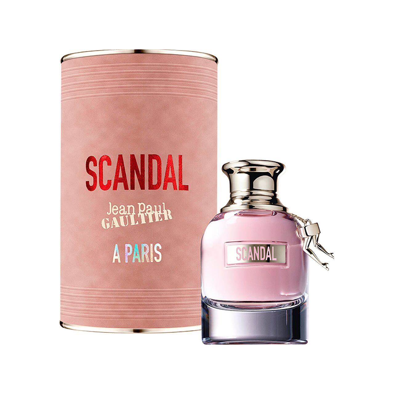 Rosa Parfumflasche und Verpackung. Aufschrift: SCANDAL, Jean Paul Gaultier, A PARIS.
