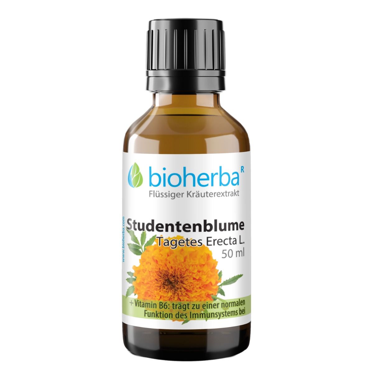 Braune Glasflasche mit schwarzem Schraubverschluss. Etikett mit Produktinformationen: Bioherba Studentenblume, Tagetes Erecta L. Extrakt, 50 ml.