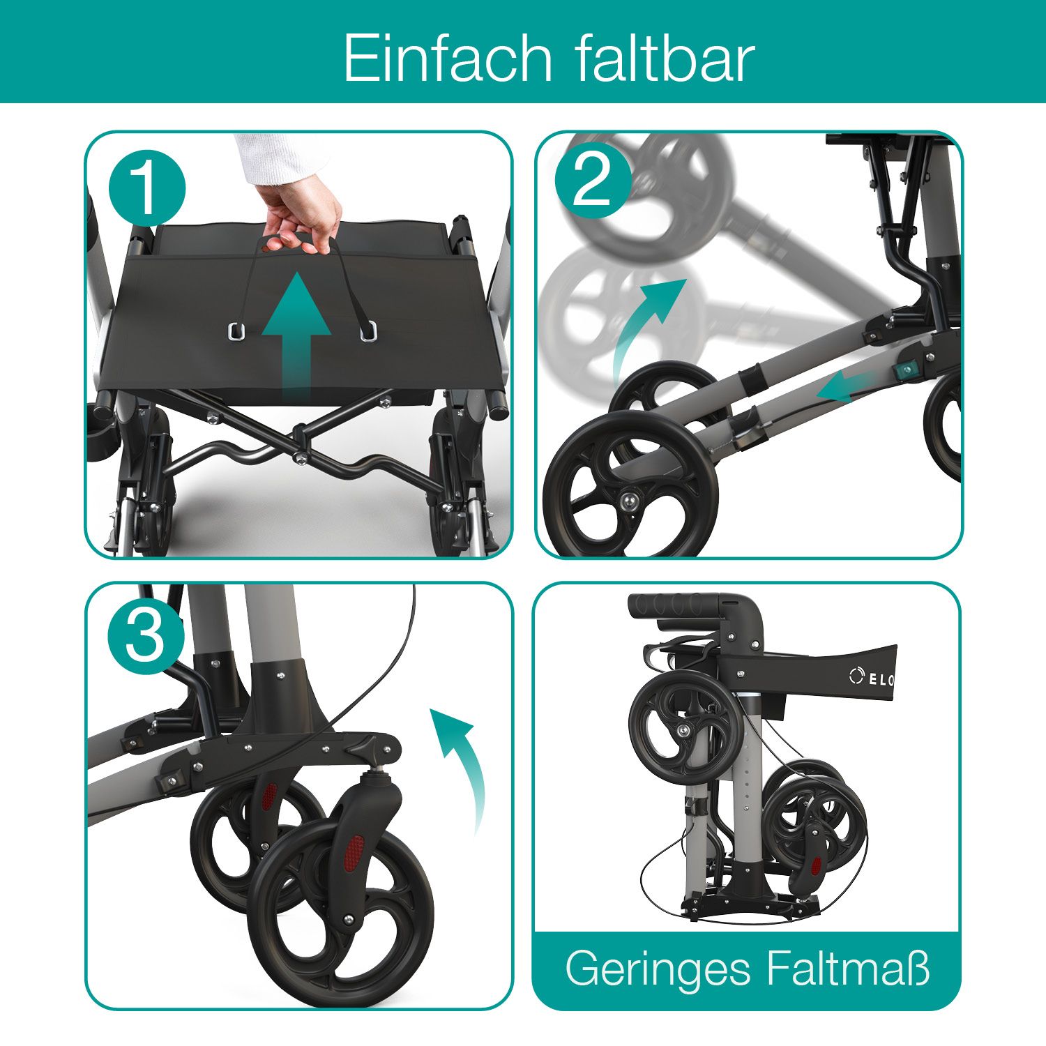 ELONEO Rollator. Einfach faltbar. Faltvorgang in 4 Schritten. Geringes Faltmaß.