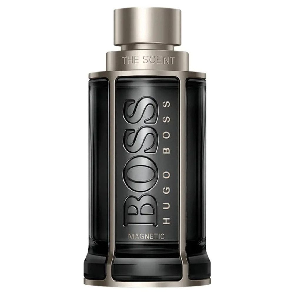 Schwarzer Flakon mit silbernem Deckel. "BOSS" und "MAGNETIC" in erhabener Schrift. "HUGO BOSS" und "THE SCENT" sind ebenfalls sichtbar.
