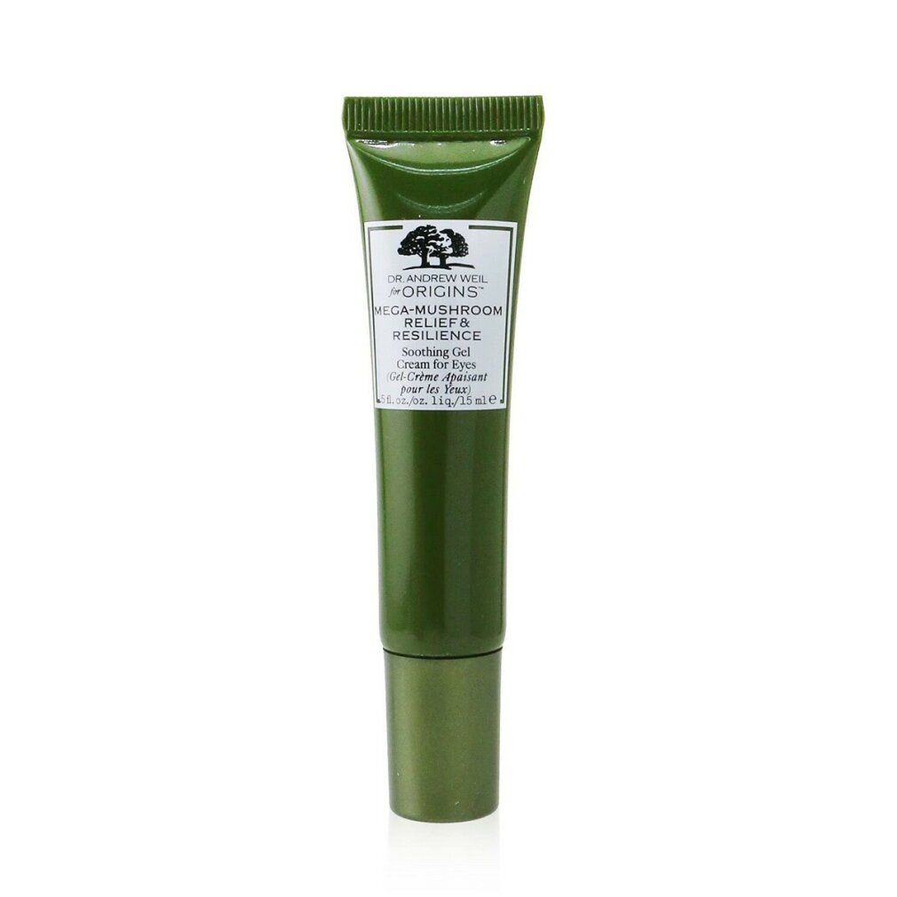 Grüne Tube mit weißem Etikett. Text: Origins, Mega-Mushroom Relief & Resilience, Gel-Creme für Augen. 15ml.