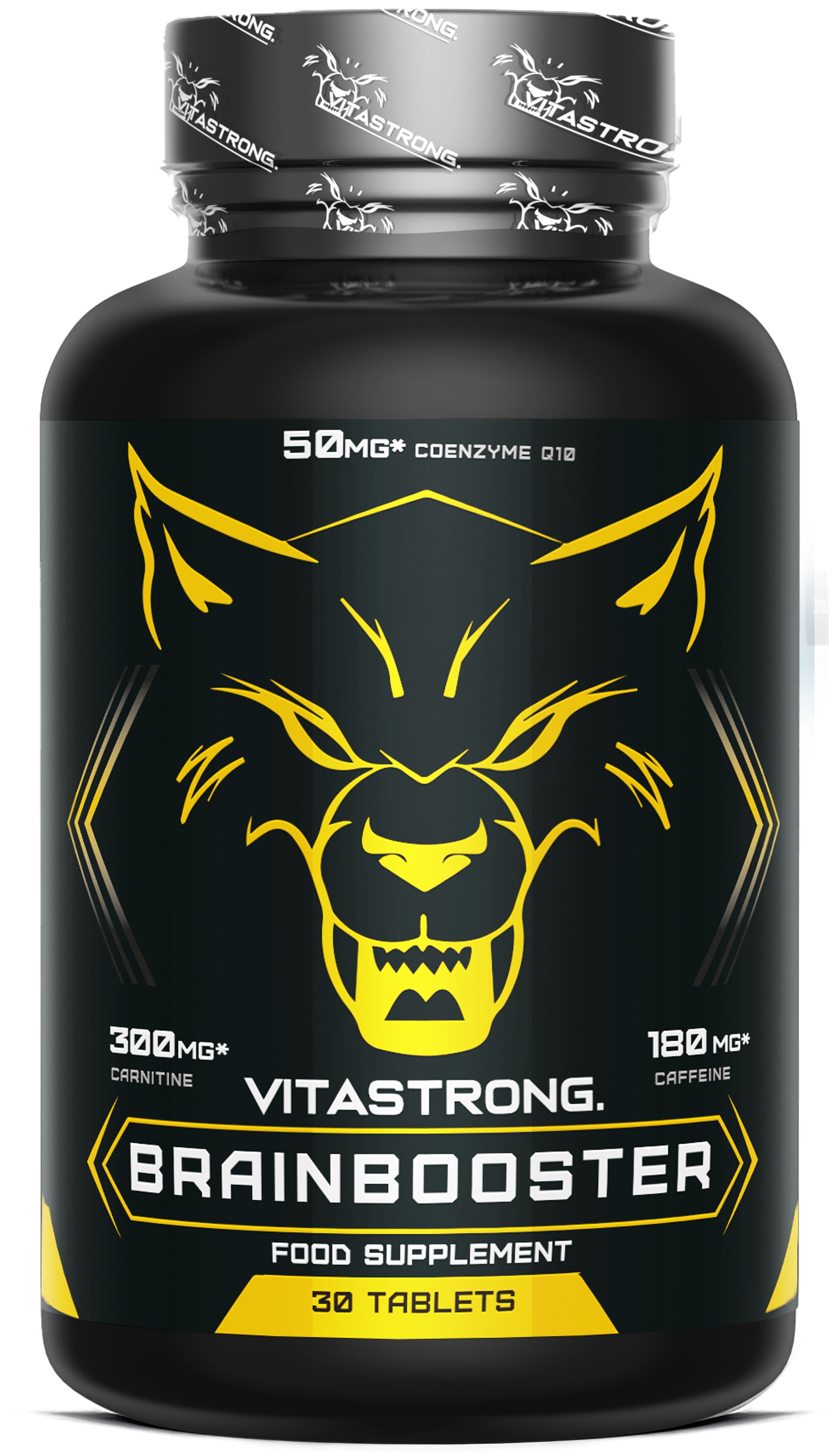 Schwarzer Behälter mit gelbem Wolfskopf-Logo und "Brainbooster"-Aufschrift. Enthält 30 Tabletten.