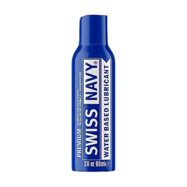 Blaue Flasche mit weißer Aufschrift: SWISS NAVY PREMIUM Water Based Lubricant. 3 fl oz 89ml.