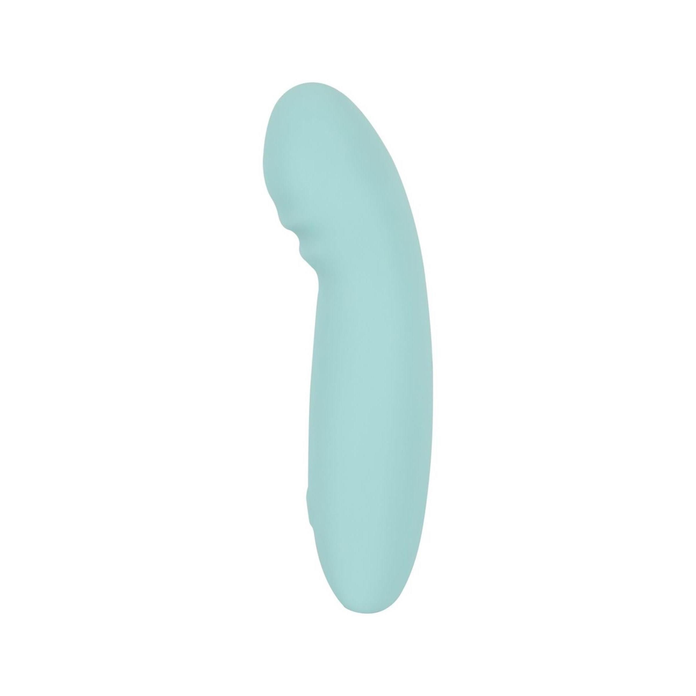 Türkisfarbener Vibrator mit abgerundeter Spitze. Ergonomische Form, leicht gebogen.