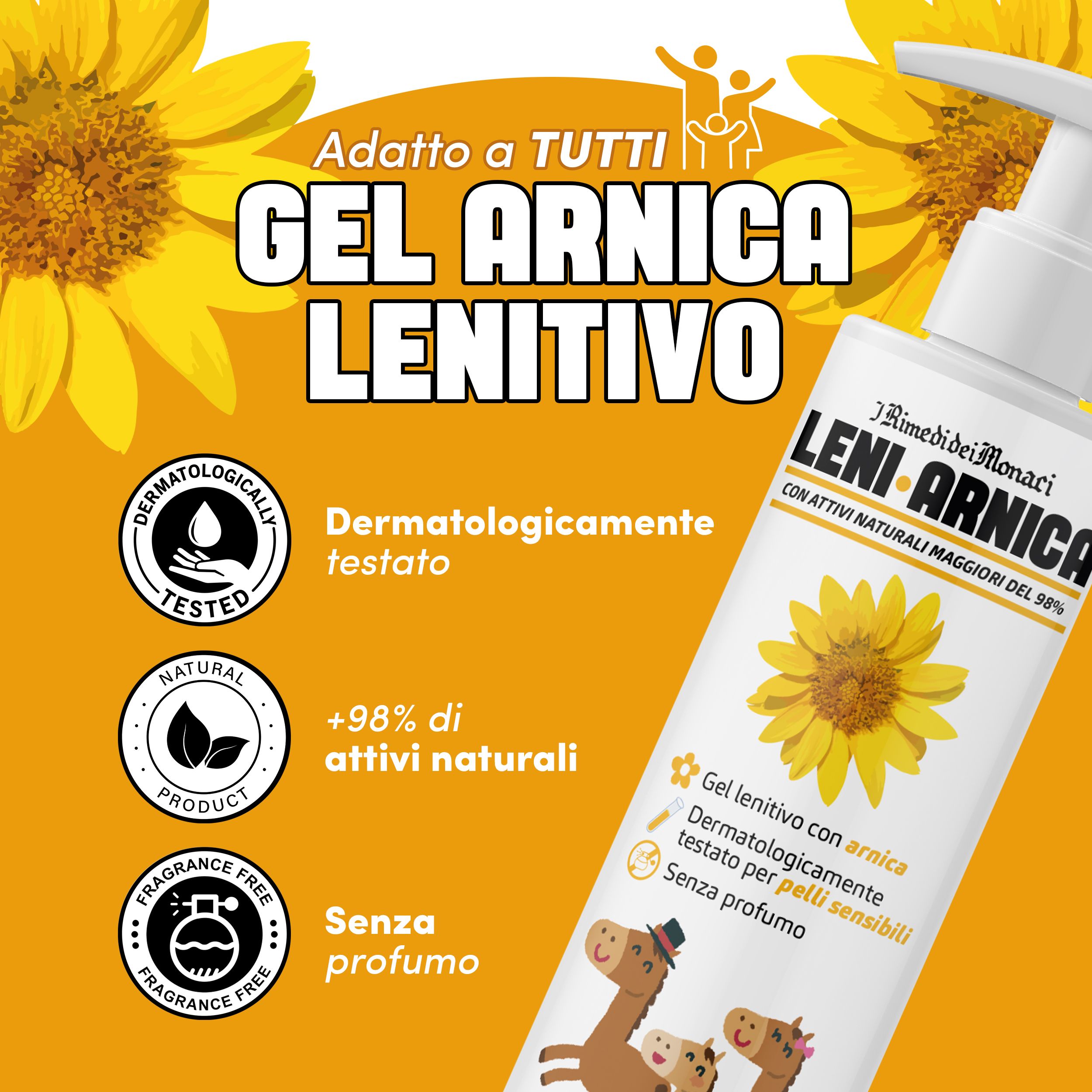 Arnika-Gel-Flasche mit gelbem Etikett. Aufschrift: Gel Arnica Lenitivo. Dermatologisch getestet, natürliches Produkt, ohne Parfüm.
