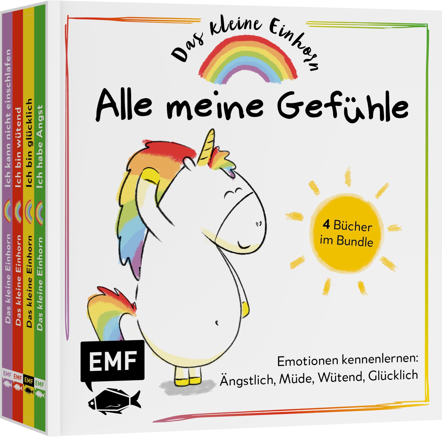 Buch-Set "Alle meine Gefühle" mit Einhorn-Illustration. Enthält 4 Bücher. Titel und Untertitel in deutscher Sprache.