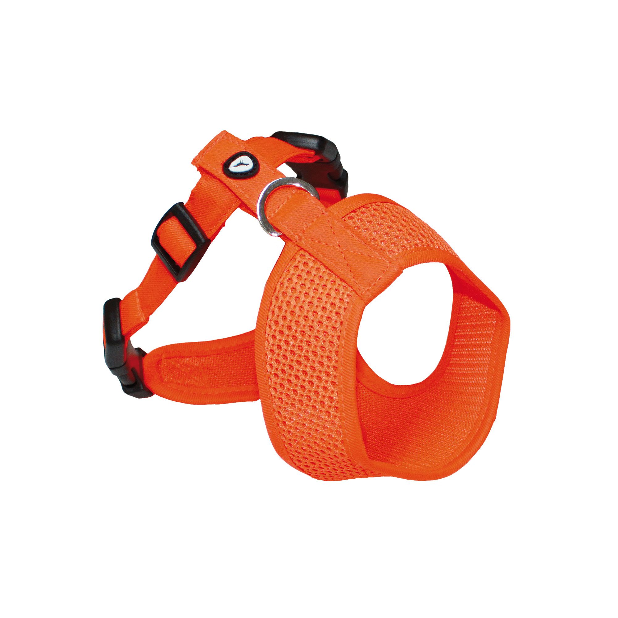Neonfarbiges Hundegeschirr. Orangefarbenes Mesh-Material. Verstellbare Gurte mit schwarzen Schnallen und Metallring.