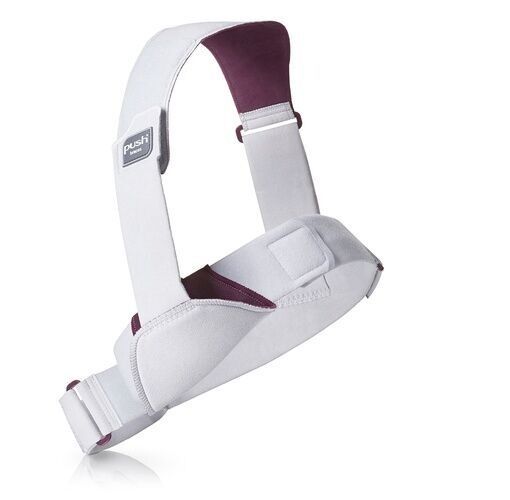 Weiße Schulterfixationsbandage mit lila Akzenten. Das Produkt hat einen Klettverschluss und das Logo Push med.