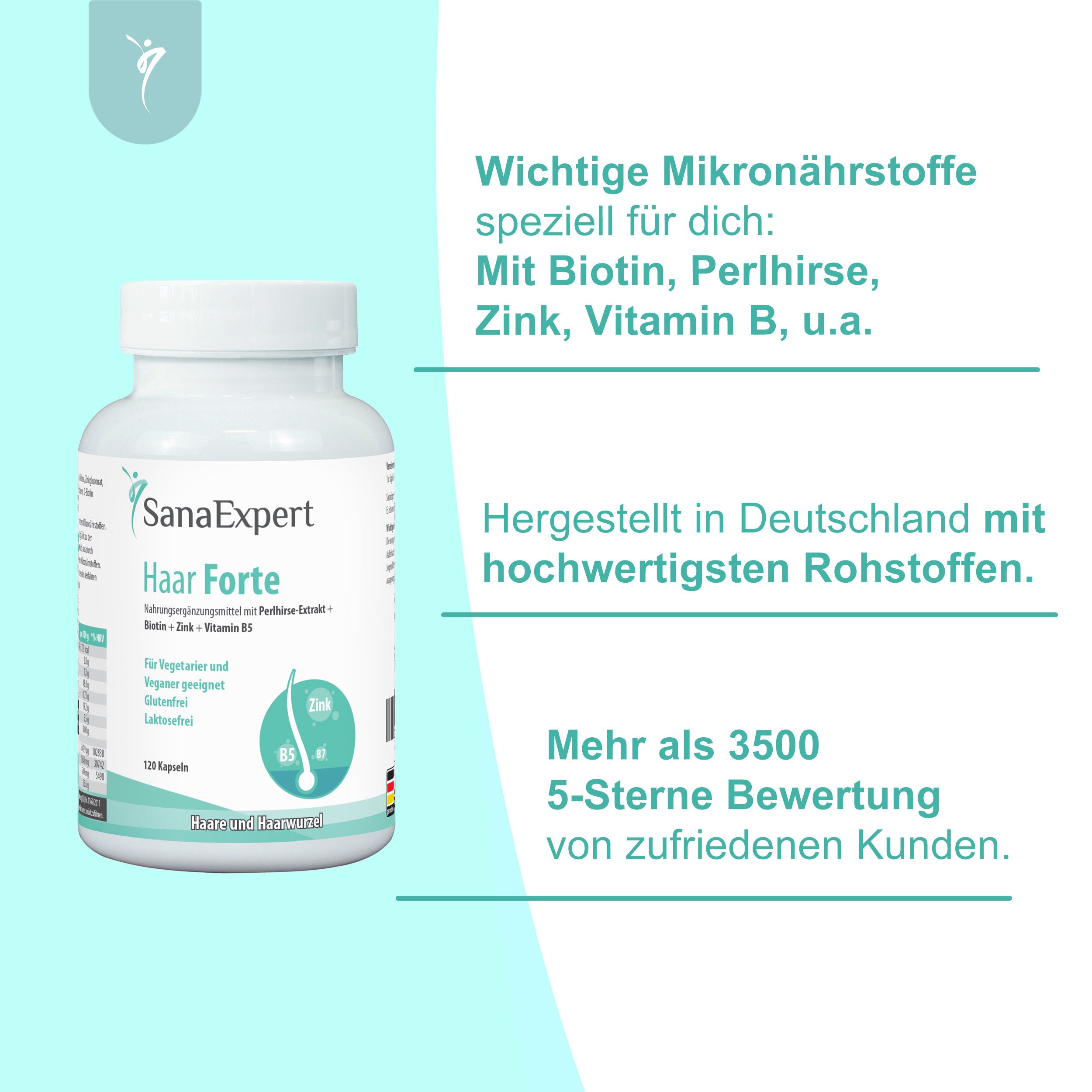 SanaExpert Haar Forte Kapseln: Flasche mit wichtigen Mikronährstoffen für Haare, hergestellt in Deutschland.