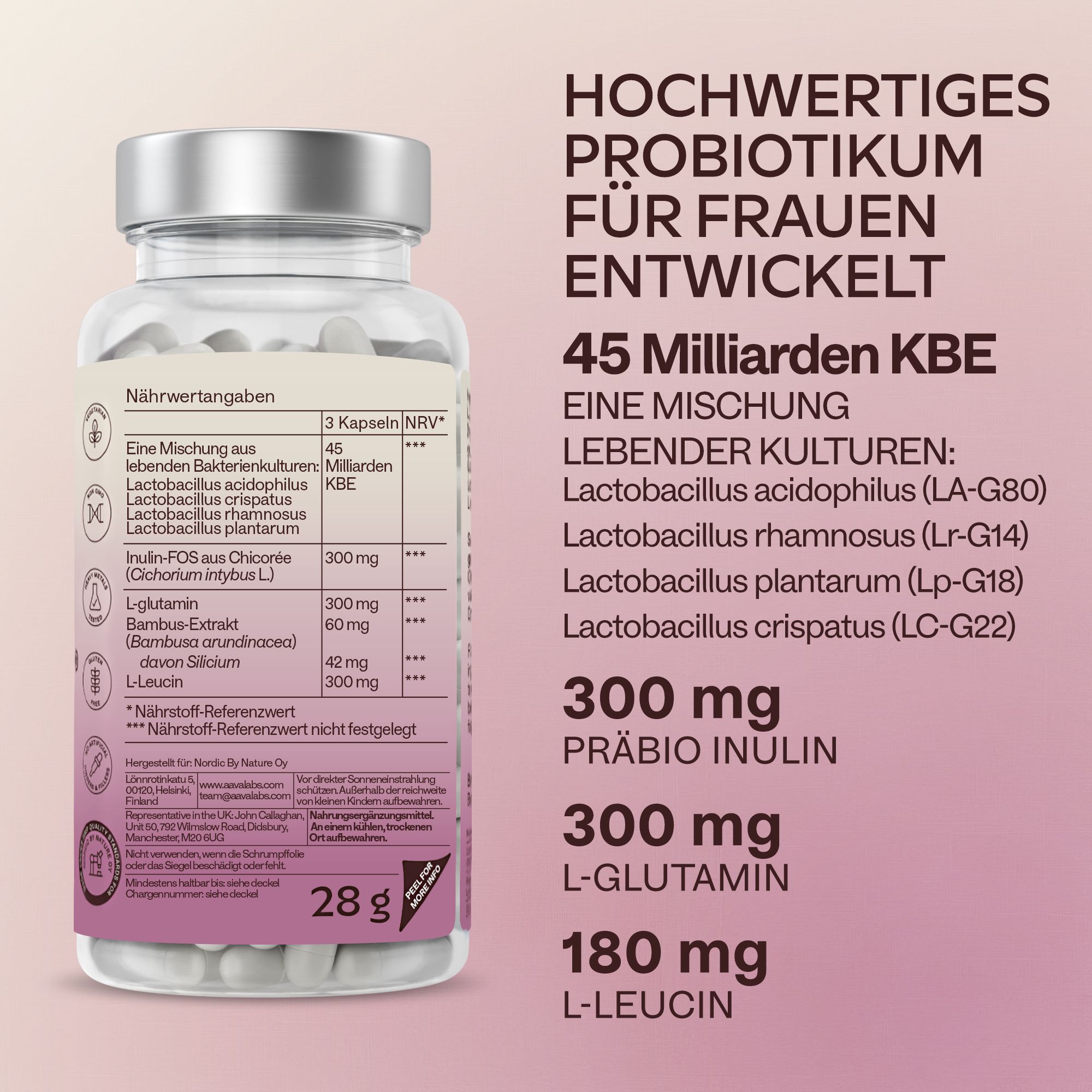 Text auf rosa Hintergrund. Informationen zu Inhaltsstoffen und Nährwerten. 45 Milliarden KBE.