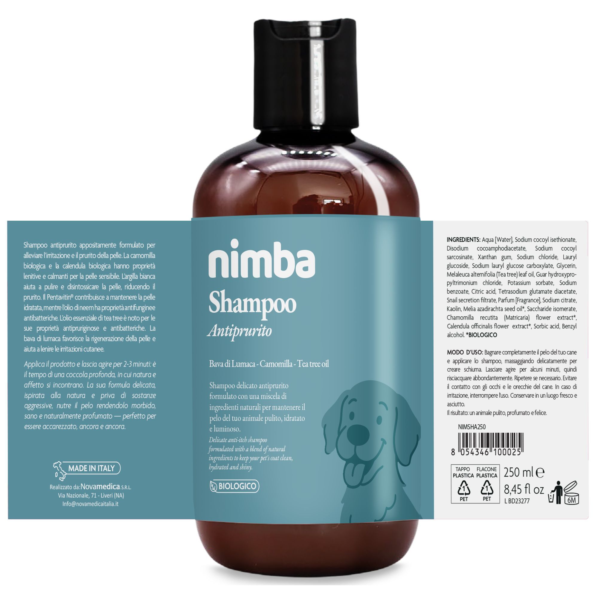 Nimba Shampoo Antiprurito für Hunde. Flasche mit Etikett. Text: Inhaltsstoffe, Anwendung, Herkunft. 250 ml, Recycling-Symbol.