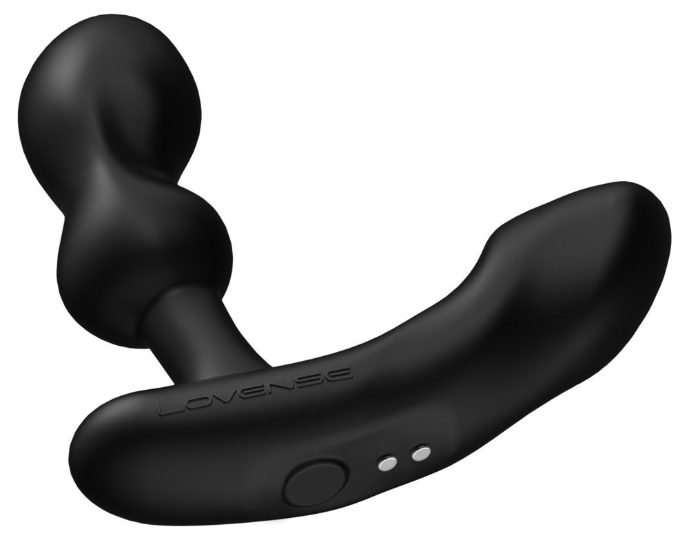 Schwarzer Prostata-Massager mit zwei seitlichen Stimulationsknöpfen und gebogenem Design.