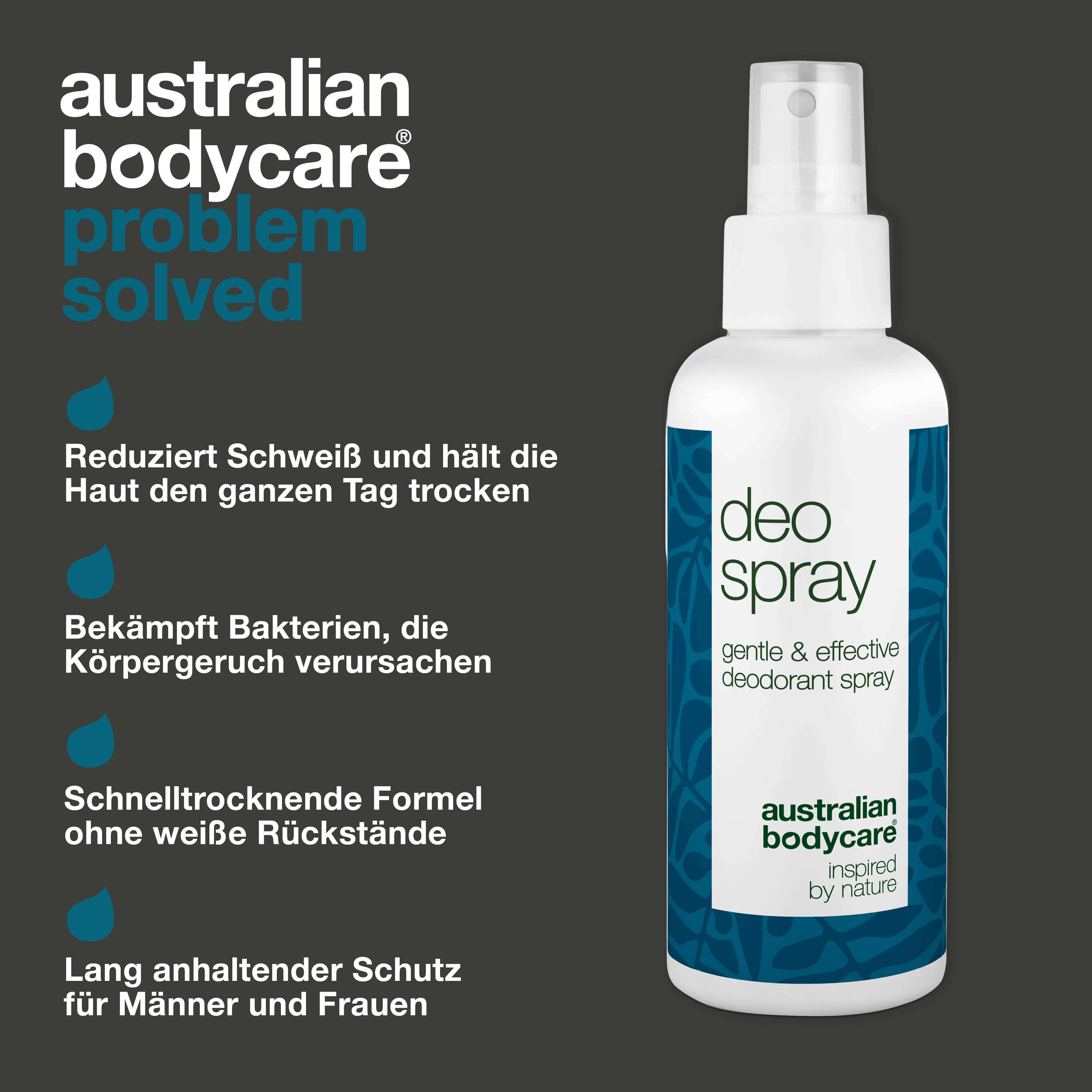 Deospray-Flasche, weiß mit blauem Etikett. Text: Deo Spray, Australian Bodycare. Reduziert Schweiß, trockene Haut.