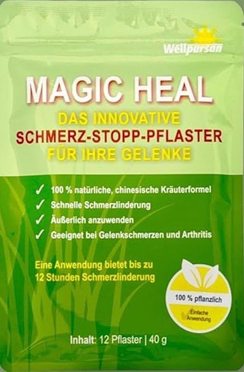 Grüne Verpackung mit Produktnamen "MAGIC HEAL". Text: "Schmerz-Stopp-Pflaster". Enthält 12 Pflaster. 100% pflanzlich.