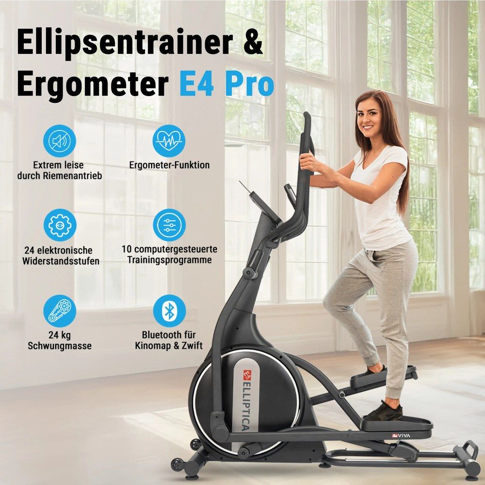 Frau trainiert auf schwarzem Crosstrainer mit Display und Text.