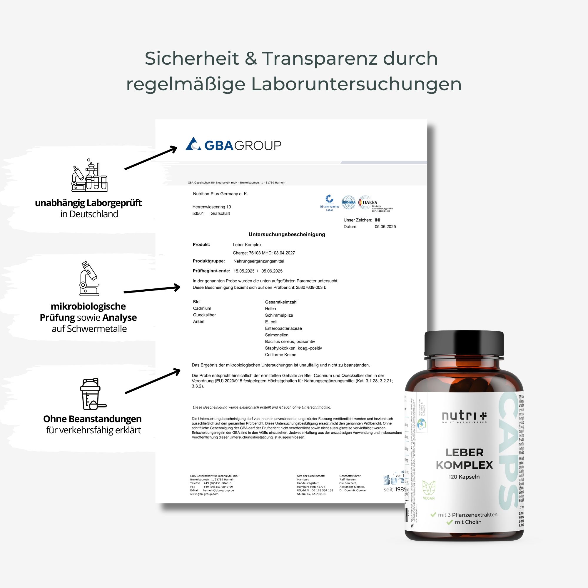 Sicherheits- und Transparenz-Zertifikate. Unabhängige Laborprüfung in Deutschland. Mikrobiologische Prüfung. Ohne Beanstandungen.