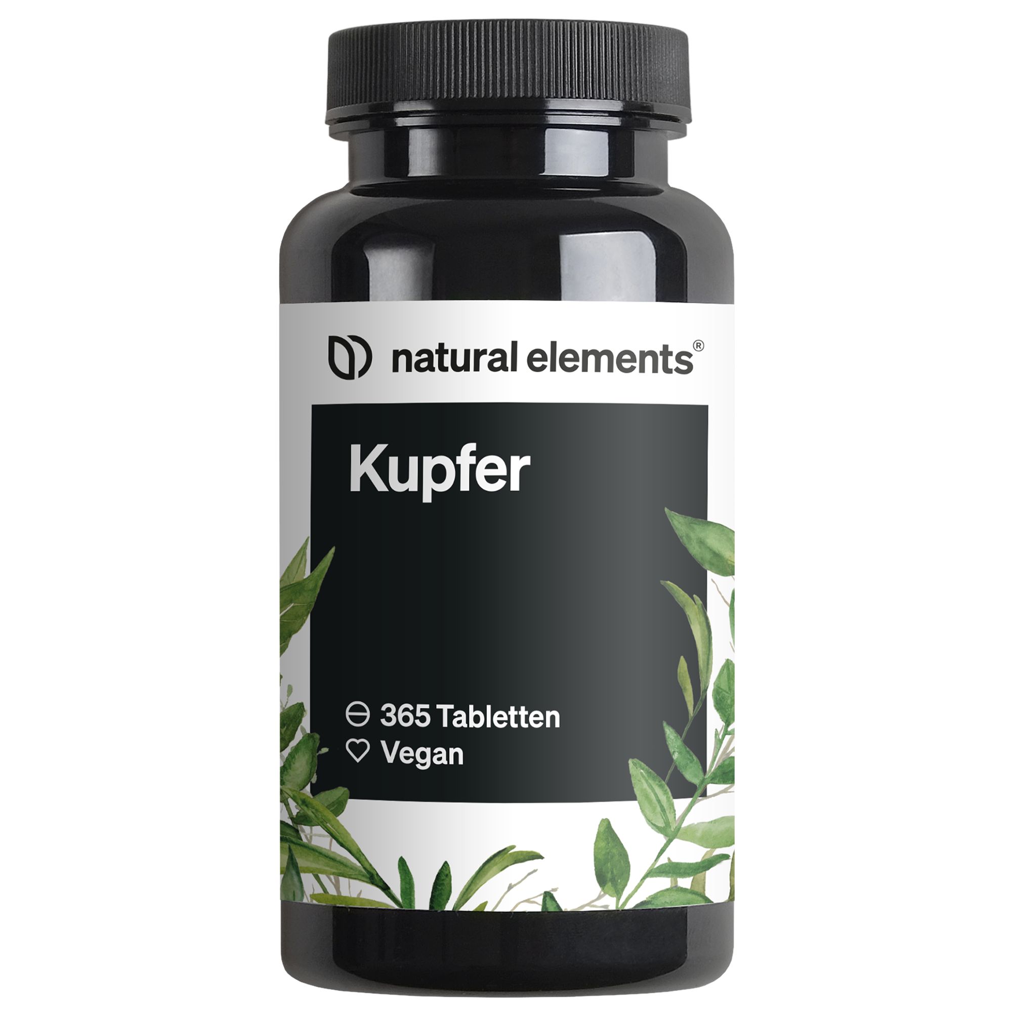 Schwarze Flasche mit weißem Etikett. Aufschrift "Kupfer", "365 Tabletten", "Vegan". Marke: natural elements. Blätter-Dekoration.