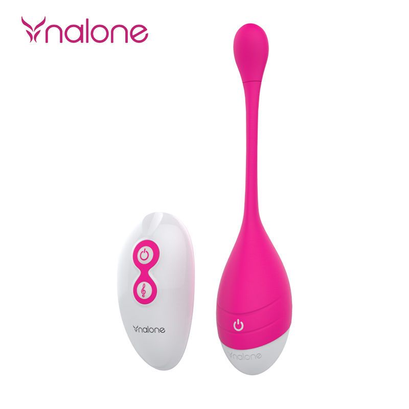 Rosa Vibrator mit weißer Basis und Fernbedienung. Die Fernbedienung ist weiß mit rosa Knöpfen. Das Produkt hat das Logo Nalone.
