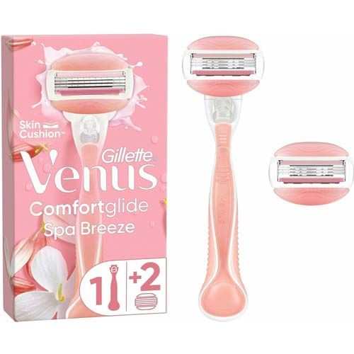 Rasierer mit rosa Griff und Ersatzklingen in Verpackung. Marke: Gillette Venus Comfortglide Spa Breeze. Auf der Verpackung: 1 Rasierer + 2 Klingen.