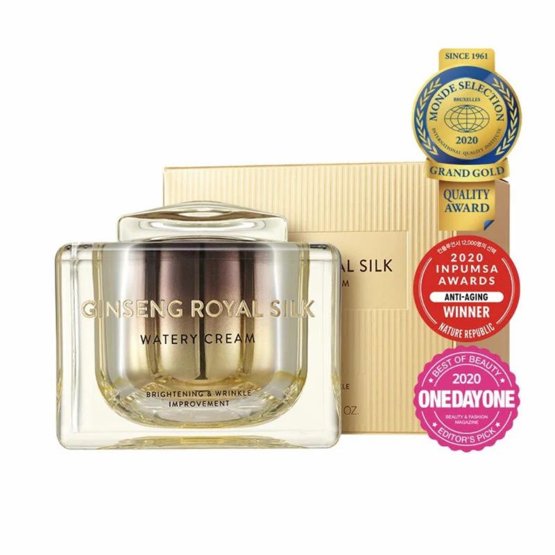 Glasbehälter mit Creme und Verpackung. Aufschrift: Ginseng Royal Silk Watery Cream. Auszeichnungen.