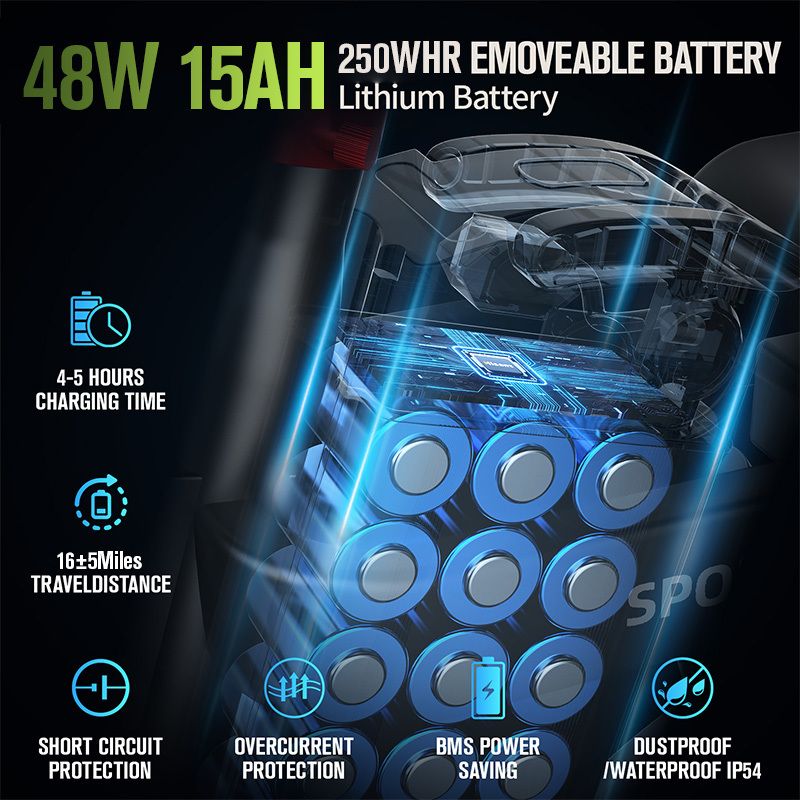 E-Bike-Batterie mit 48V 15Ah. Merkmale: 4-5 Stunden Ladezeit, 16+ Meilen Reichweite, Kurzschlussschutz, Überstromschutz, BMS-Energiesparen, staubdicht/wasserdicht IP54.