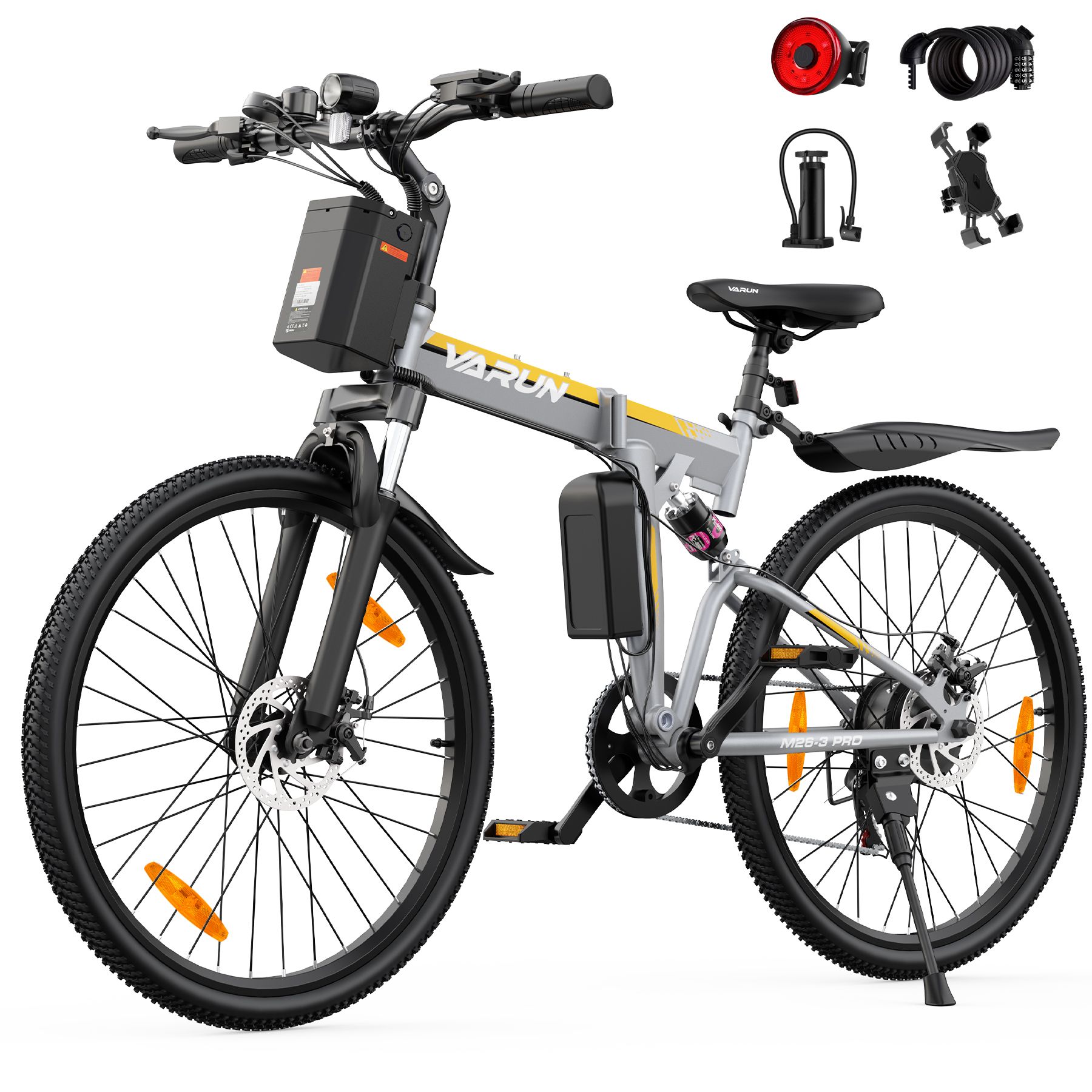 Faltbares E-Bike, grau-gelb. Zubehör: Rücklicht, Schloss, Pumpe, Handyhalterung. VARUN-Logo.