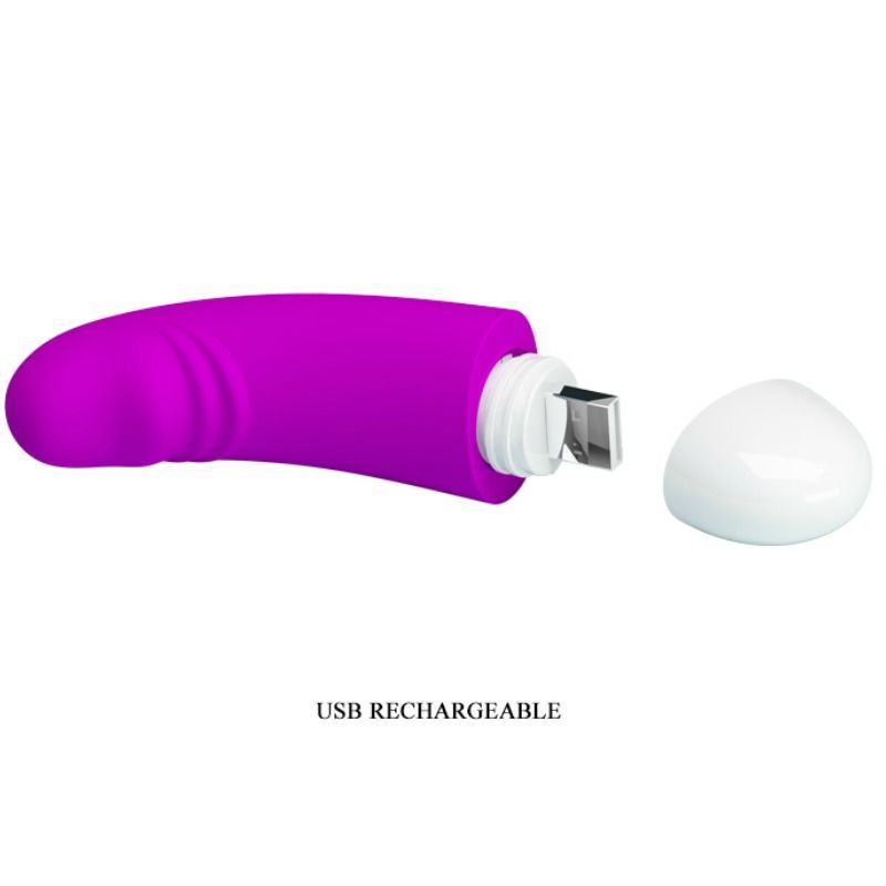 Lila Vibrator mit USB-Anschluss. Beschriftung: USB RECHARGEABLE.