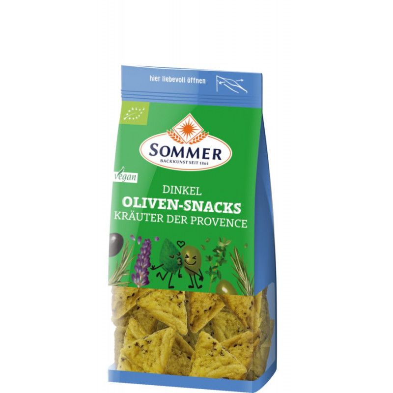 Verpackung mit Sommer Dinkel Oliven-Snacks Kräuter der Provence. Grün-blaue Tüte mit Produktnamen, Logo und vegan-Siegel. Sichtbar sind dreieckige Snacks.