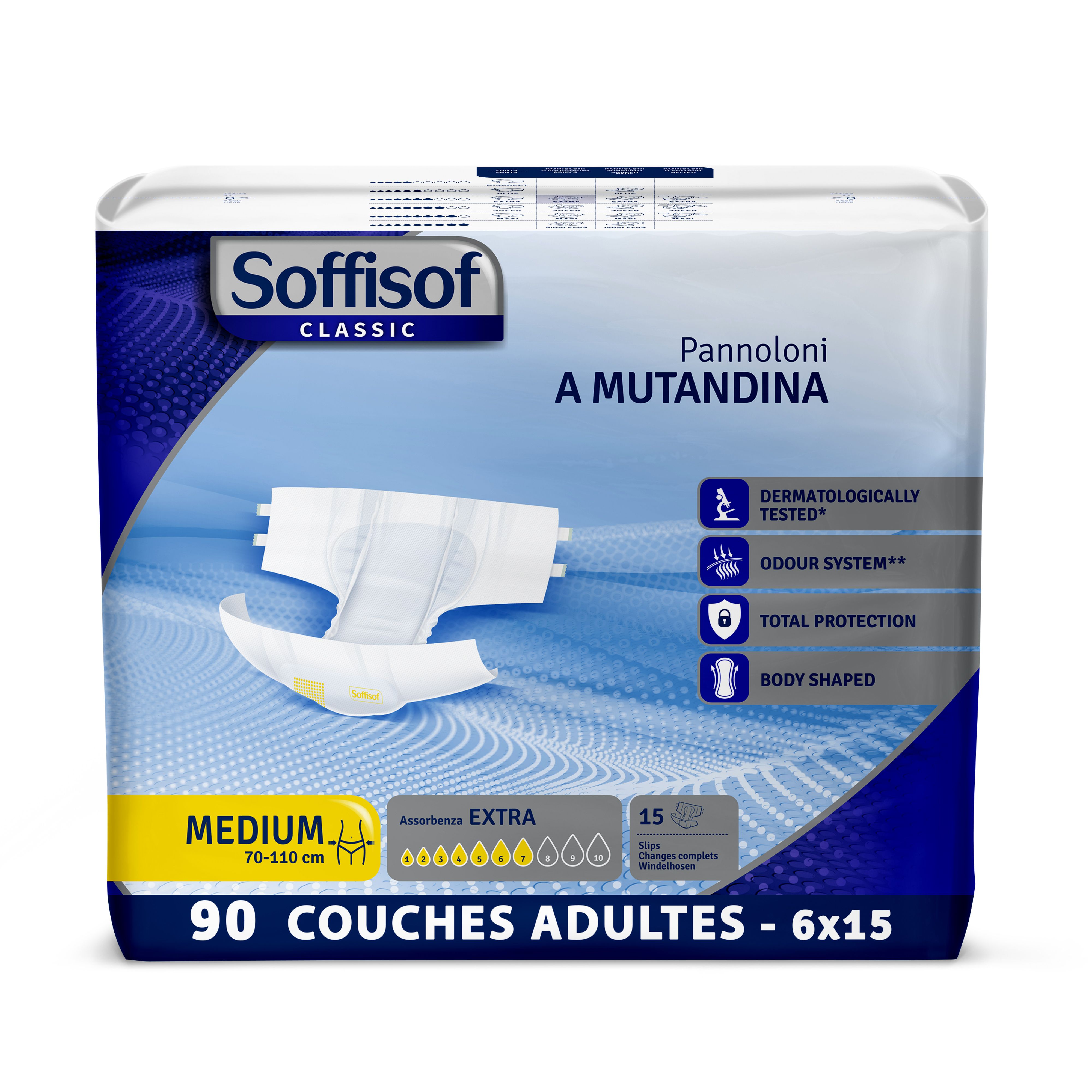 Soffisof Classic couches adultes Extra. Couche blanche, Medium, 70-110 cm. 90 pièces. Testé dermatologiquement.