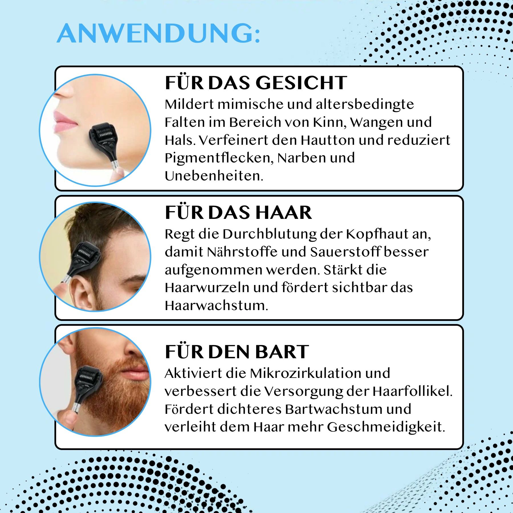 Derma-Roller-Set mit verschiedenen Aufsätzen und Zubehör. Enthält eine blaue Aufbewahrungsbox mit Produktnamen und Abmessungen.