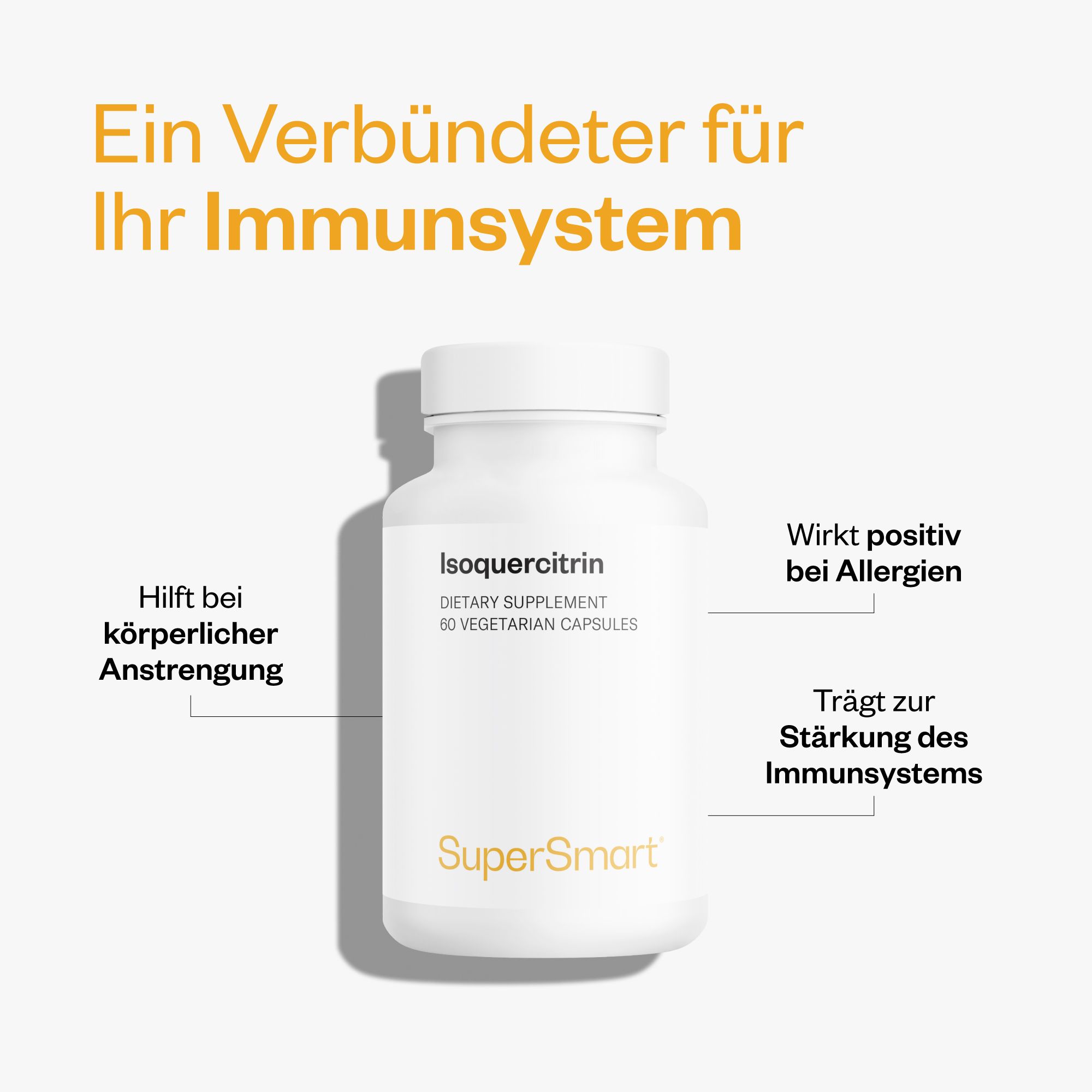 Weiße Flasche mit Isoquercitrin-Kapseln. Marke: SuperSmart. Text: 60 vegetarische Kapseln. Hilft bei Anstrengung, Allergien.