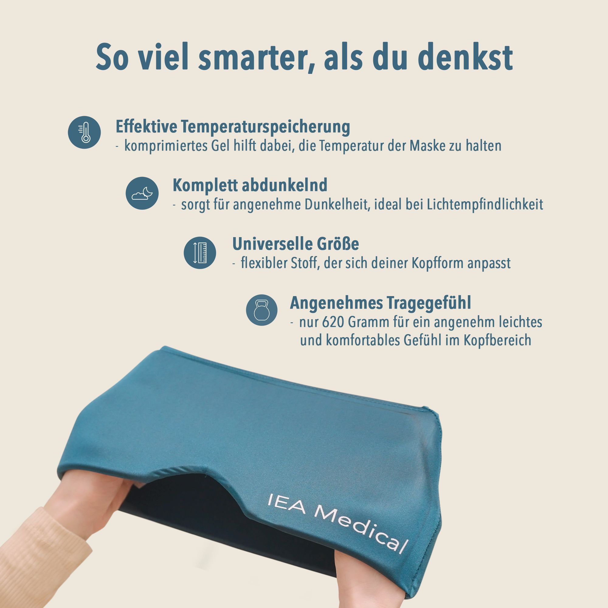 Hände halten blaues Kopfband. Text: So viel smarter, als du denkst. IEA Medical-Logo.