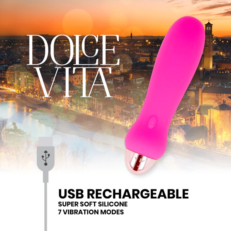 Pinkfarbener Vibrator mit goldfarbenem Kopf. Text: USB-Ladefunktion, 7 Vibrationsmodi, Super Soft Silikon. USB-Kabel-Symbol.